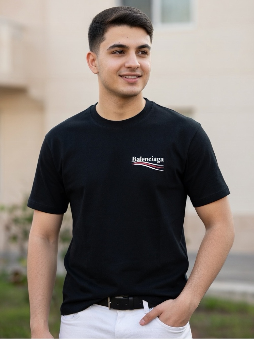 Black Crewneck T-Shirt with White and Red Logo